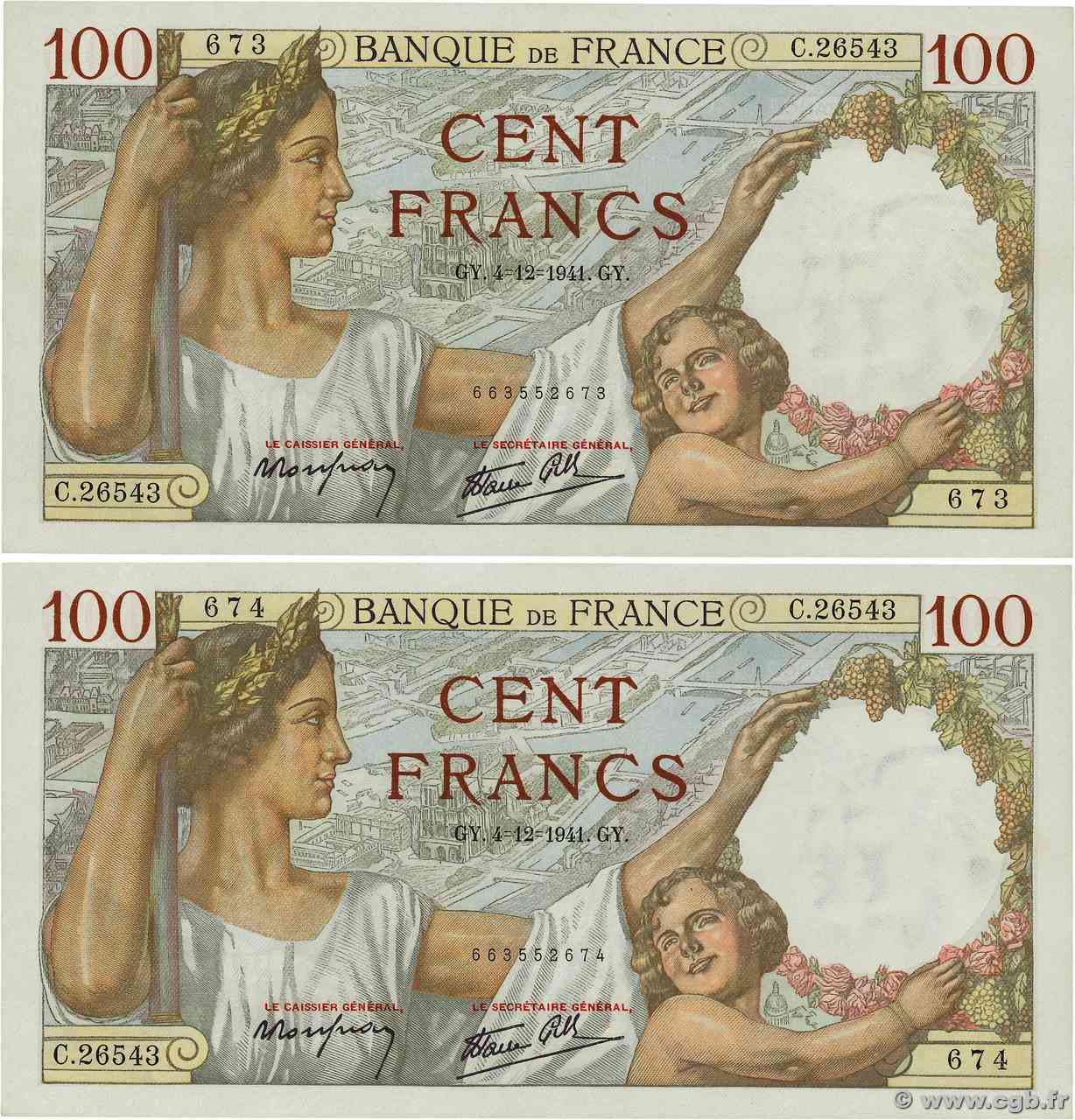 100 Francs SULLY Consécutifs FRANCE  1941 F.26.62 UNC-