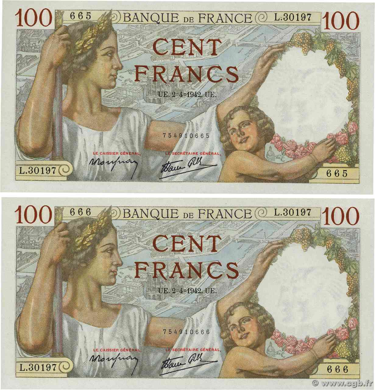 100 Francs SULLY Consécutifs FRANCE  1942 F.26.69 UNC