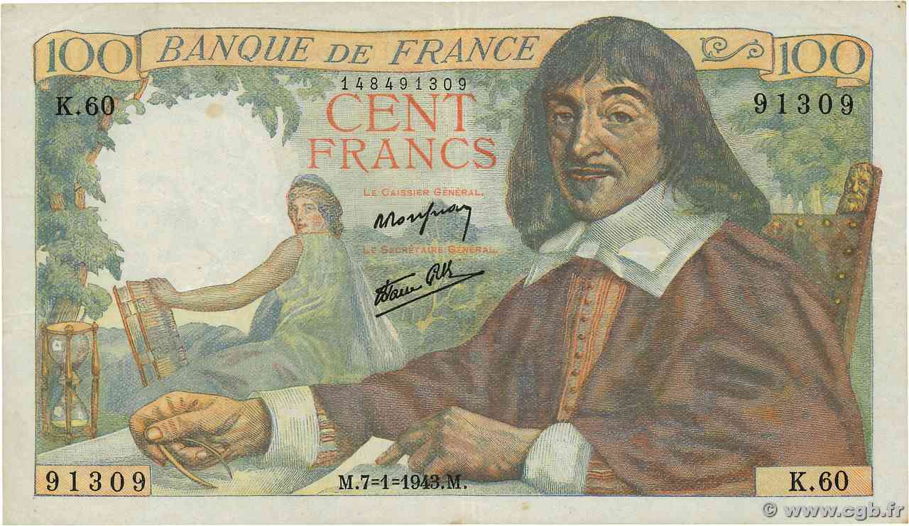 100 Francs DESCARTES FRANCE  1943 F.27.03 VF