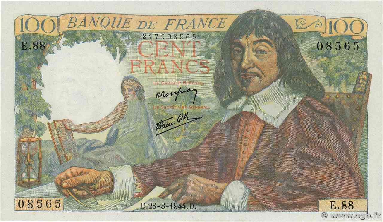 100 Francs DESCARTES FRANCIA  1944 F.27.05 FDC