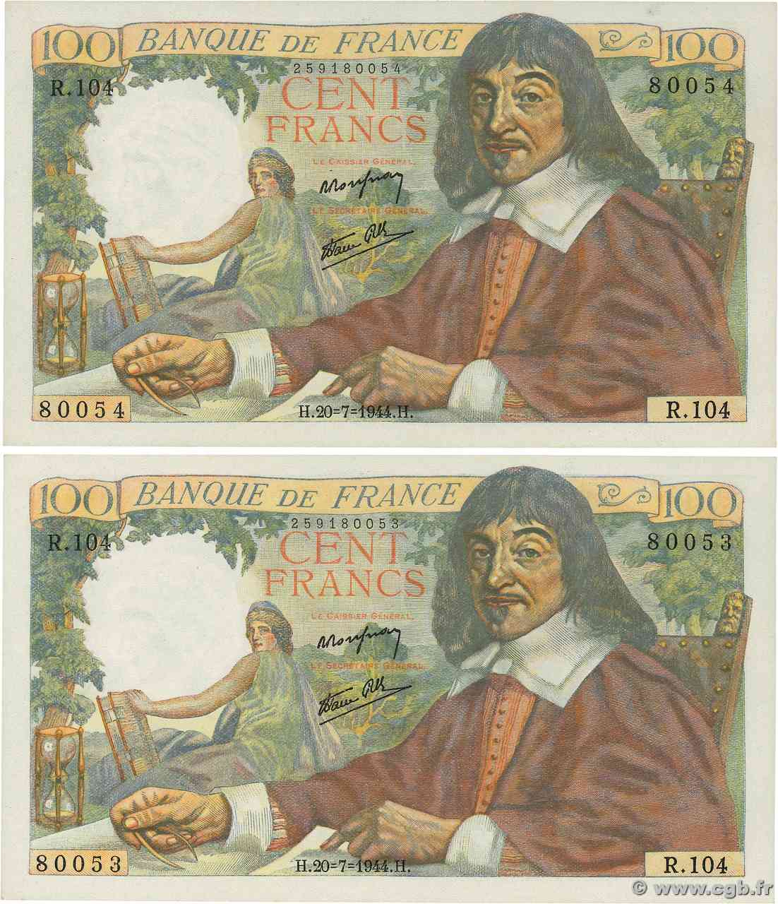 100 Francs DESCARTES Consécutifs FRANCIA  1944 F.27.06 FDC
