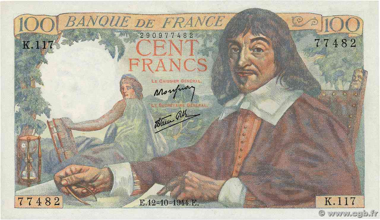 100 Francs DESCARTES FRANCIA  1944 F.27.08 FDC
