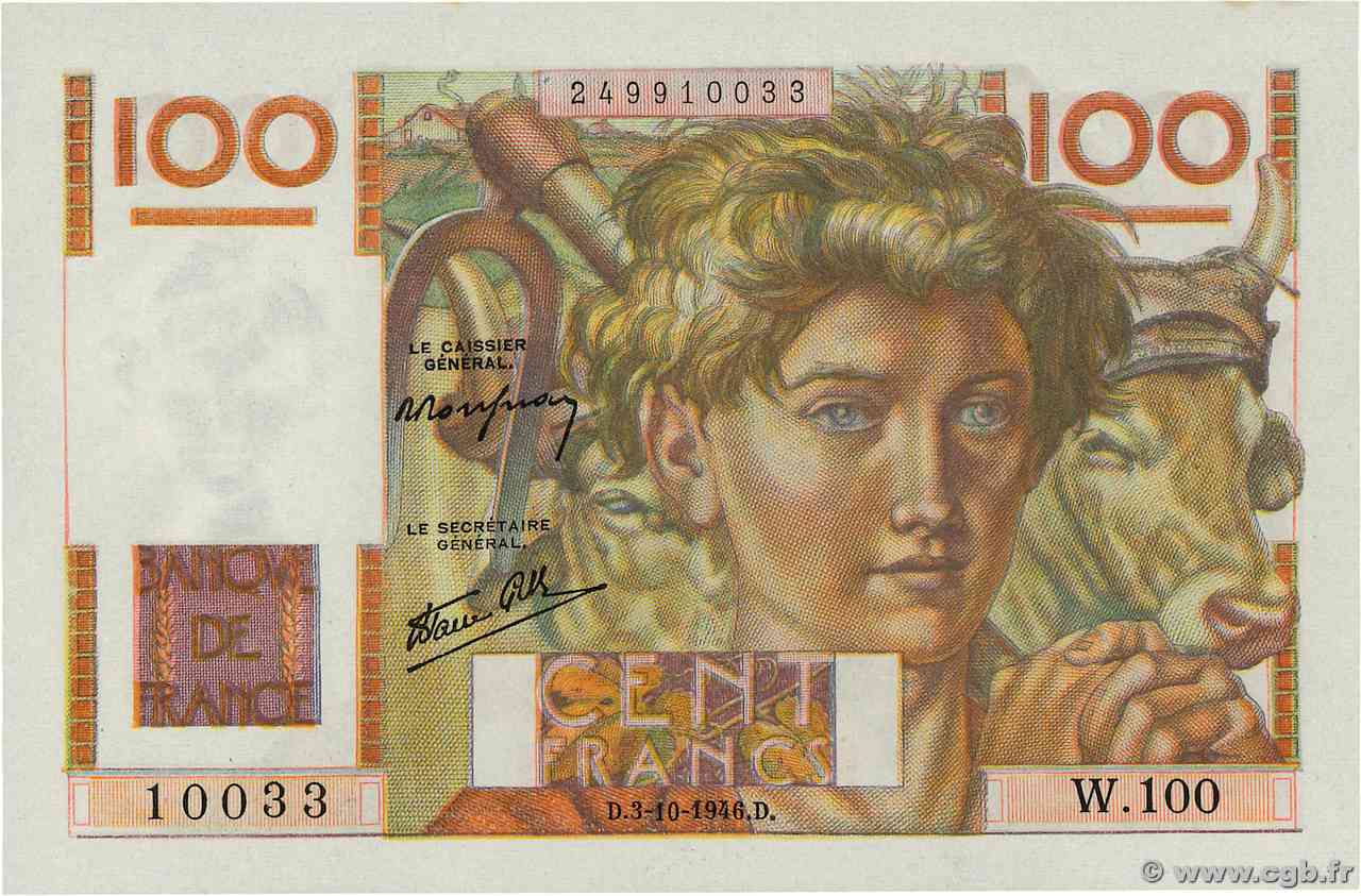 100 Francs JEUNE PAYSAN FRANCE  1946 F.28.09 UNC