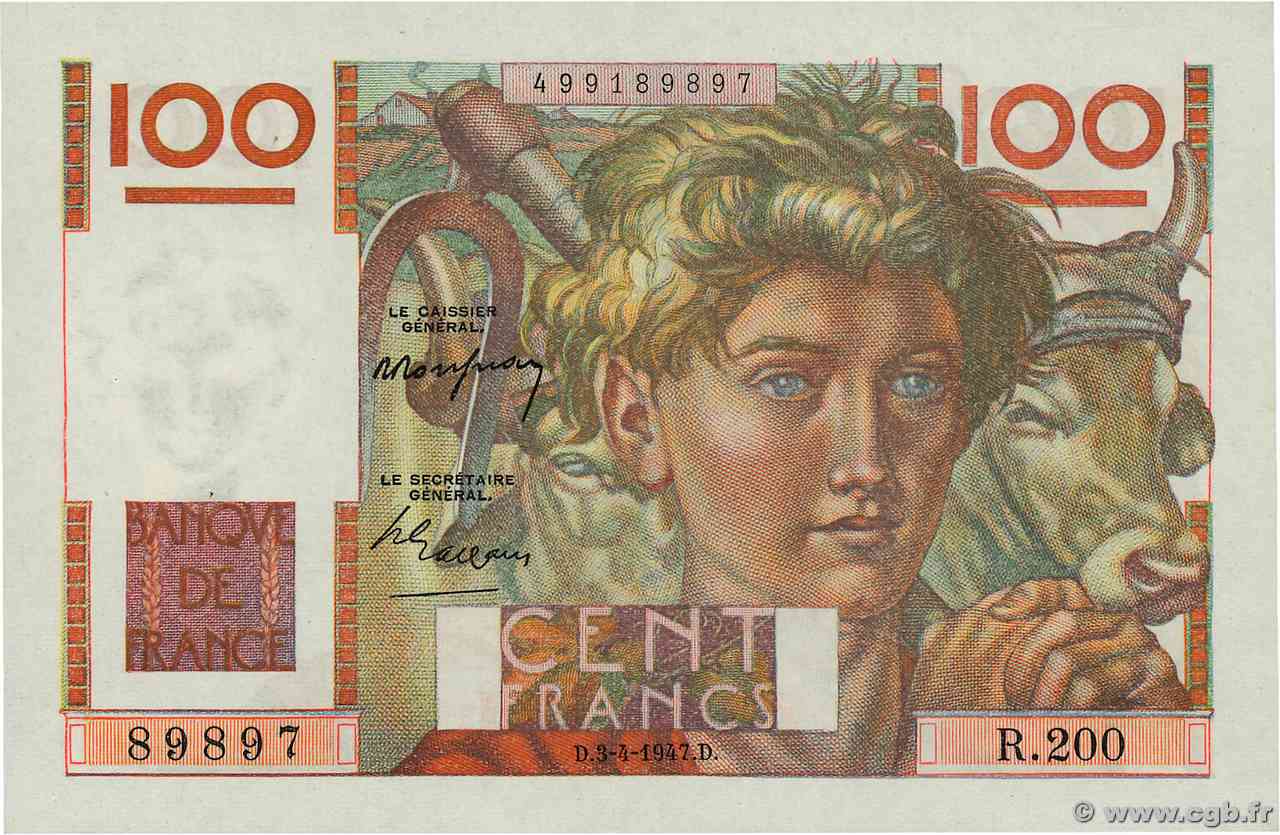 100 Francs JEUNE PAYSAN FRANCIA  1947 F.28.14 AU