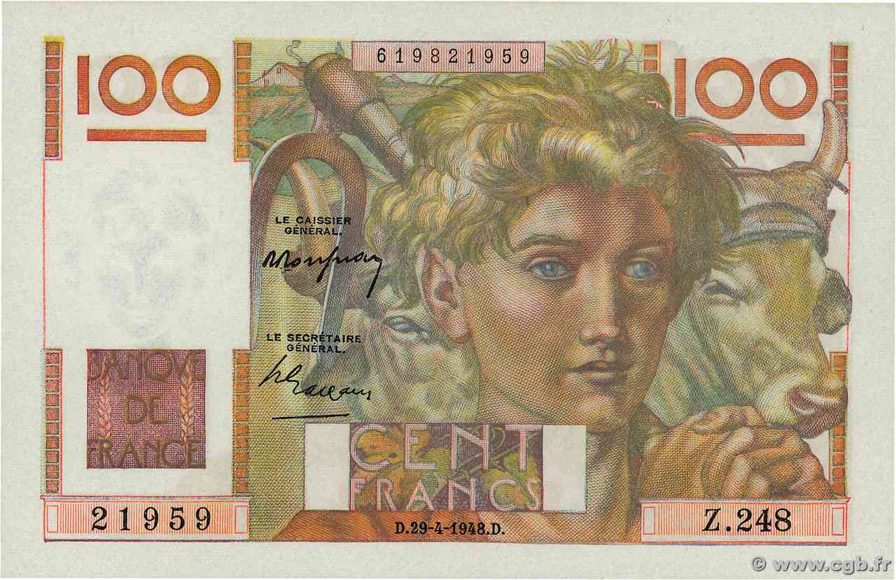 100 Francs JEUNE PAYSAN FRANCIA  1948 F.28.18 FDC