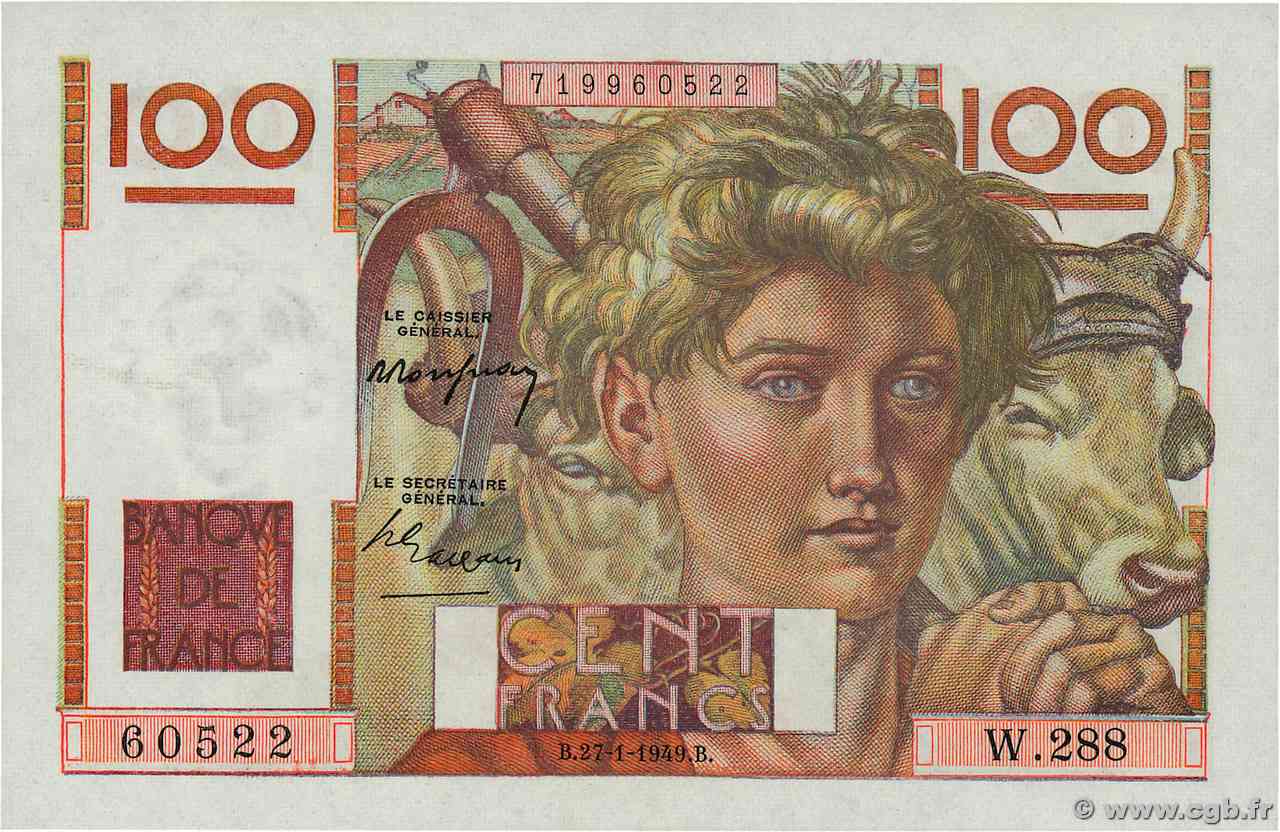 100 Francs JEUNE PAYSAN FRANCE  1949 F.28.21 UNC-