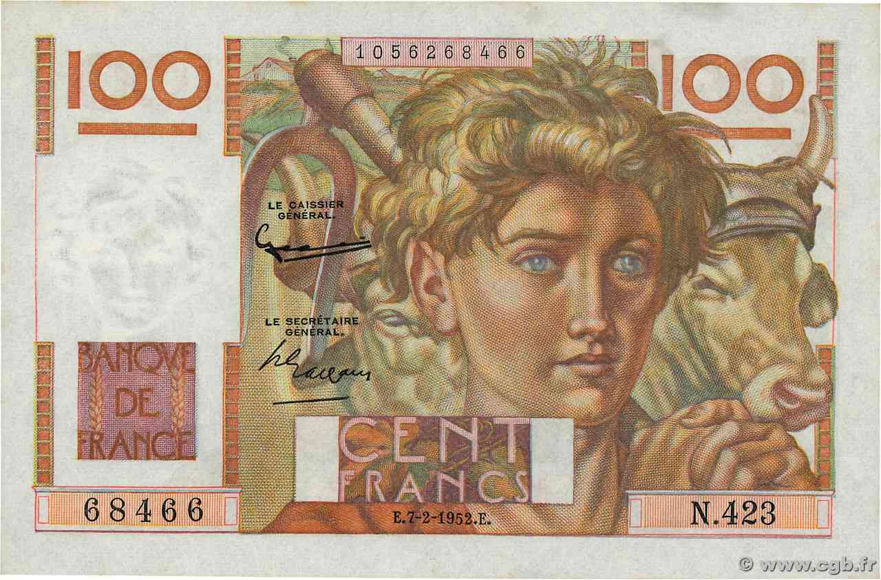 100 Francs JEUNE PAYSAN FRANCE  1952 F.28.31 UNC-