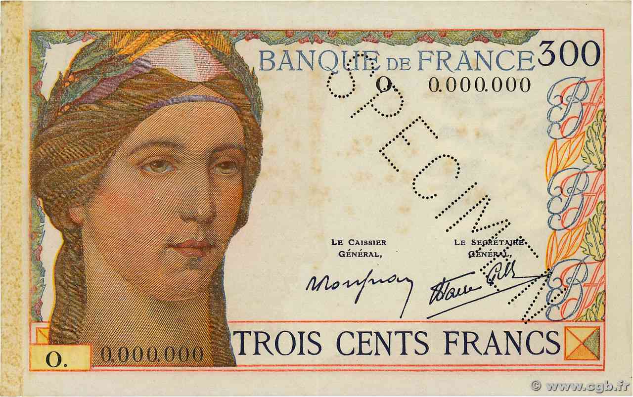 300 Francs Spécimen FRANCIA  1938 F.29.01Sp SPL
