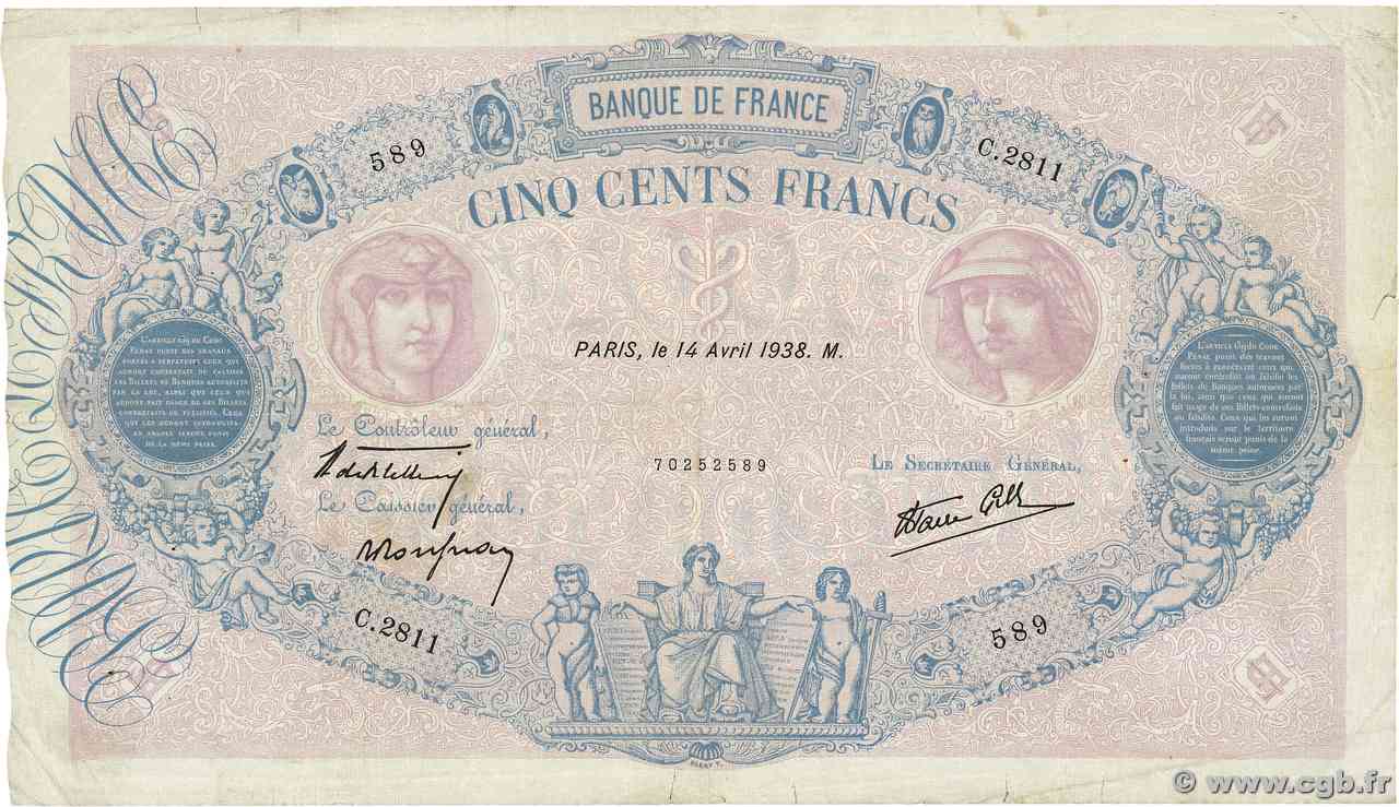 500 Francs BLEU ET ROSE modifié FRANCIA  1938 F.31.08 q.BB
