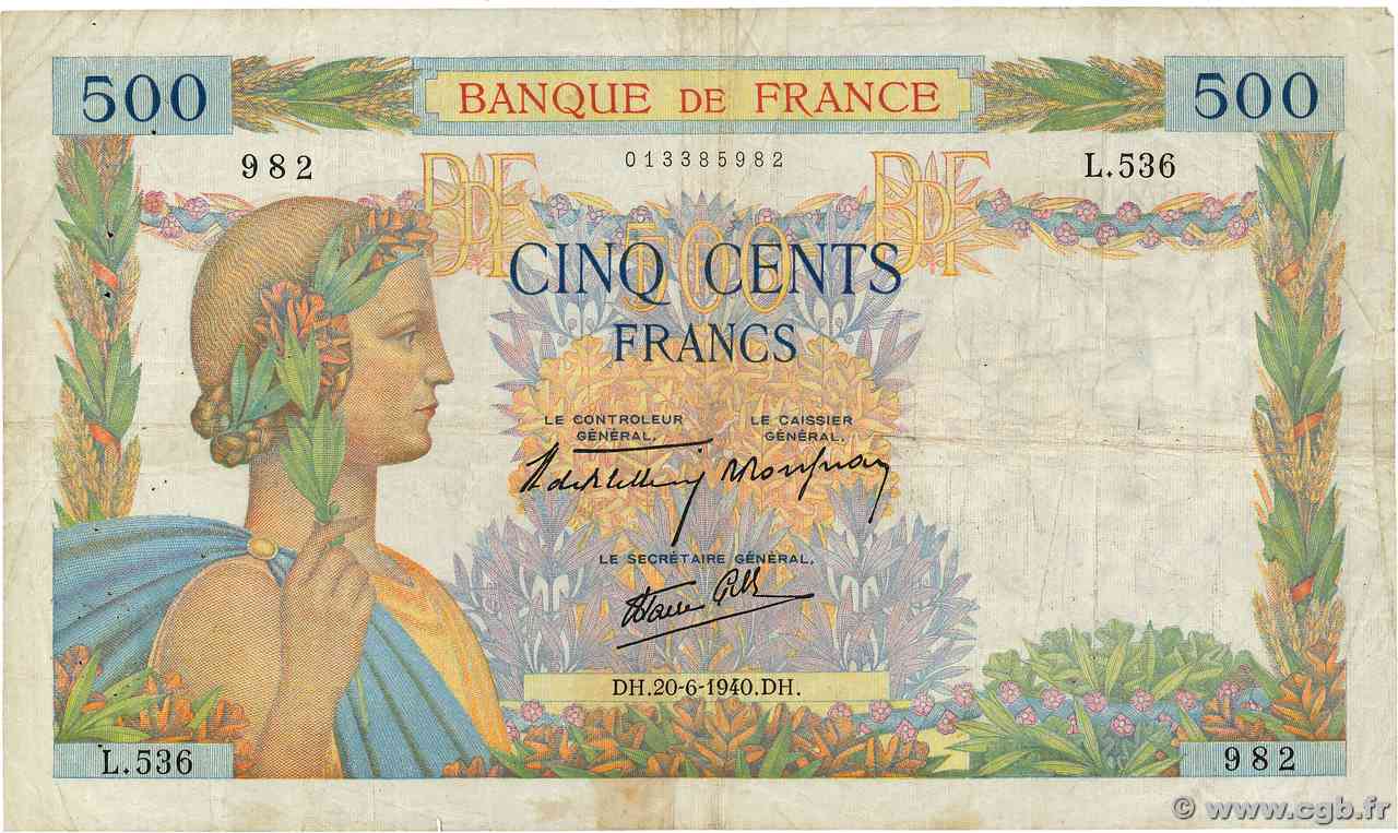 500 Francs LA PAIX FRANCE  1940 F.32.03 F