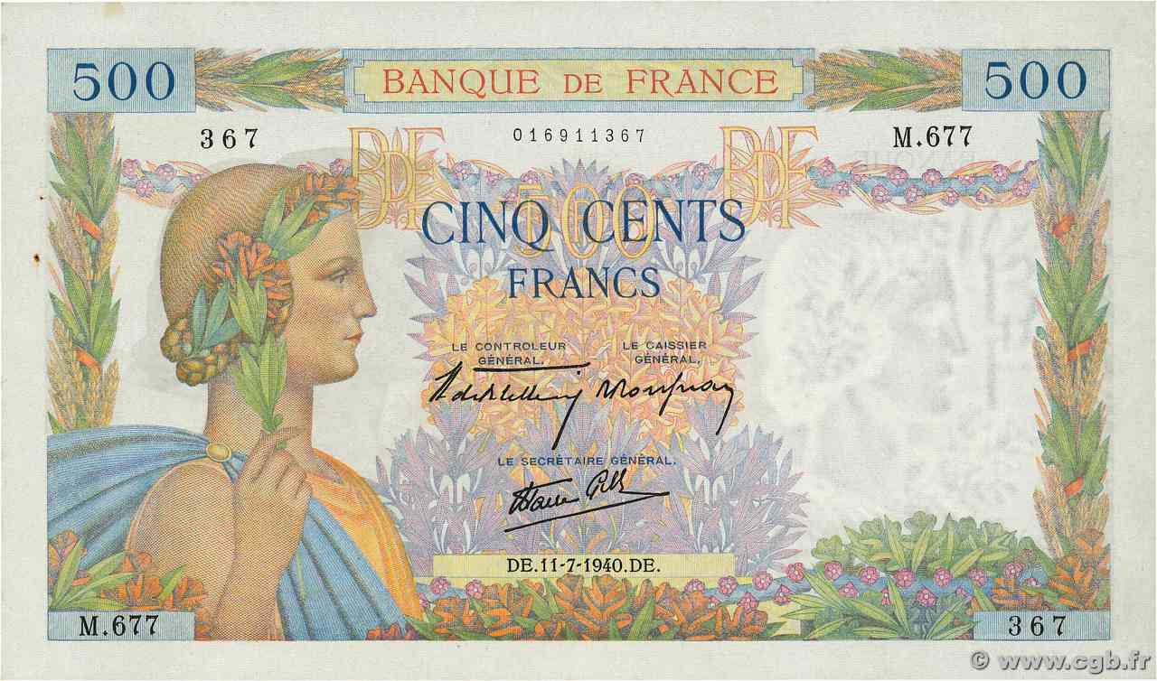 500 Francs LA PAIX FRANCIA  1940 F.32.04 q.AU