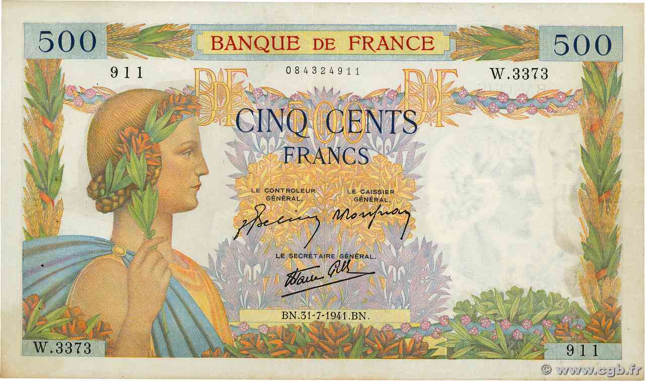 500 Francs LA PAIX FRANCIA  1941 F.32.20 q.SPL