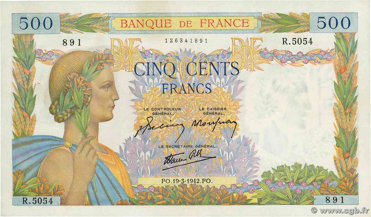 500 Francs LA PAIX FRANCIA  1942 F.32.31 AU
