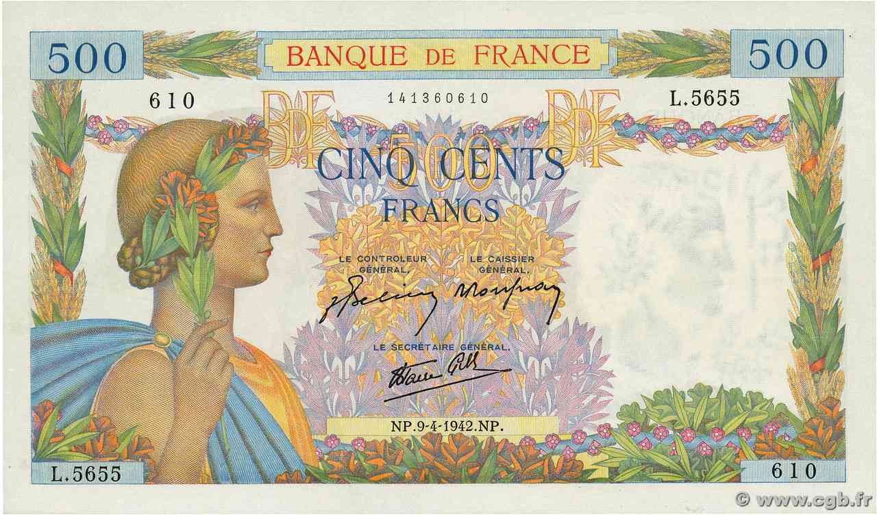 500 Francs LA PAIX FRANCIA  1942 F.32.34 FDC