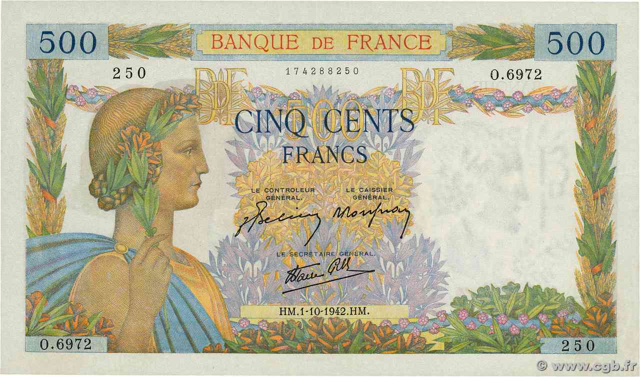 500 Francs LA PAIX FRANCIA  1942 F.32.41 AU