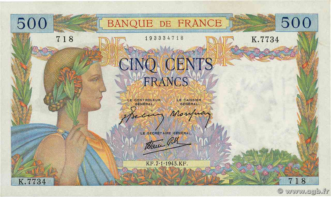 500 Francs LA PAIX FRANCIA  1943 F.32.44 AU