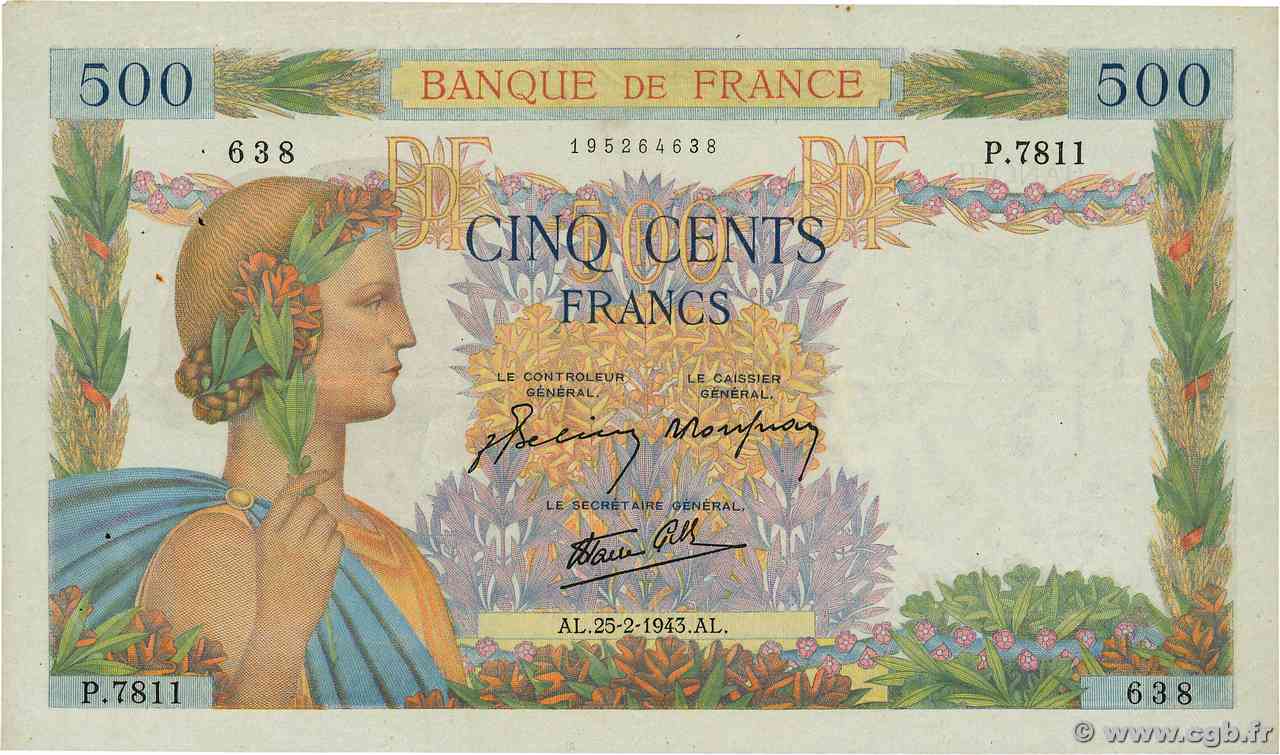 500 Francs LA PAIX FRANCIA  1943 F.32.45 q.SPL