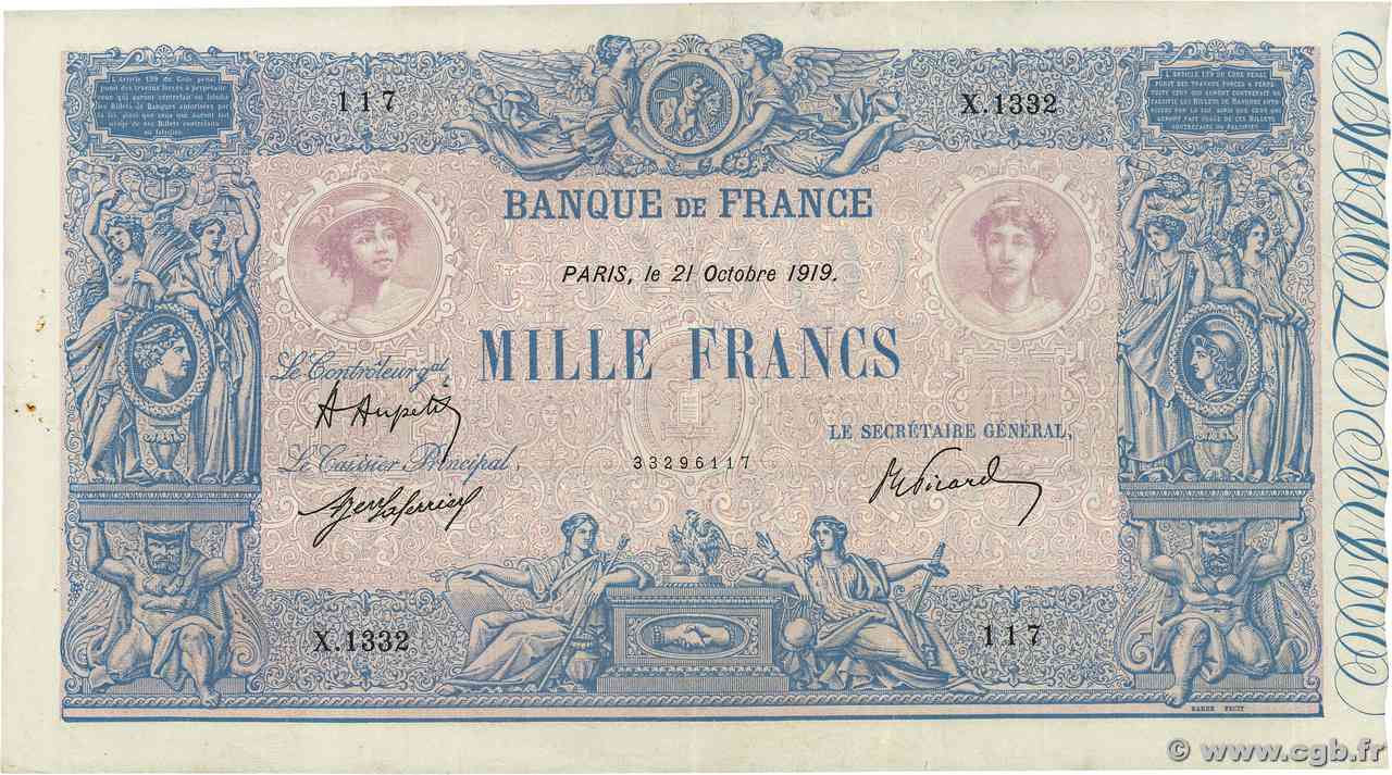 1000 Francs BLEU ET ROSE FRANCIA  1919 F.36.34 BB