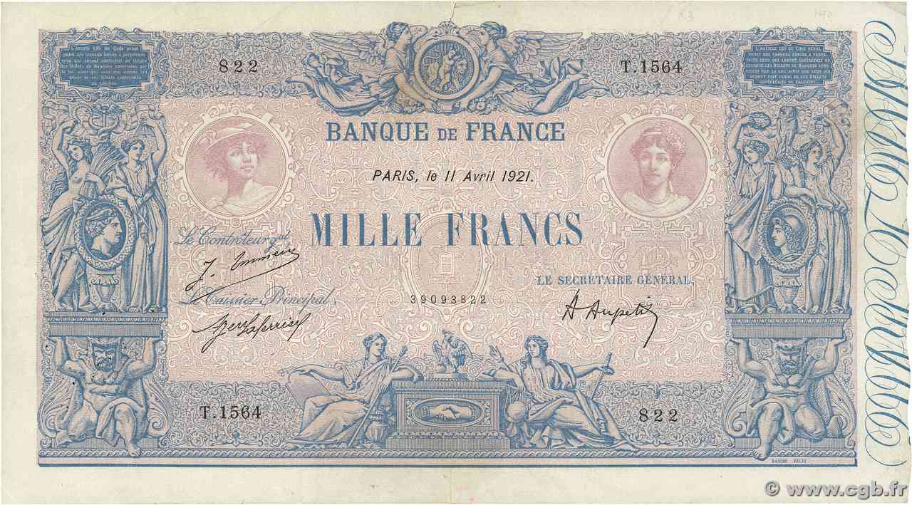 1000 Francs BLEU ET ROSE FRANCE  1921 F.36.37 TB+