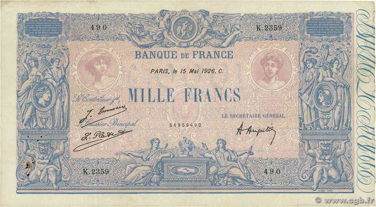 1000 Francs BLEU ET ROSE FRANCIA  1926 F.36.42 q.BB
