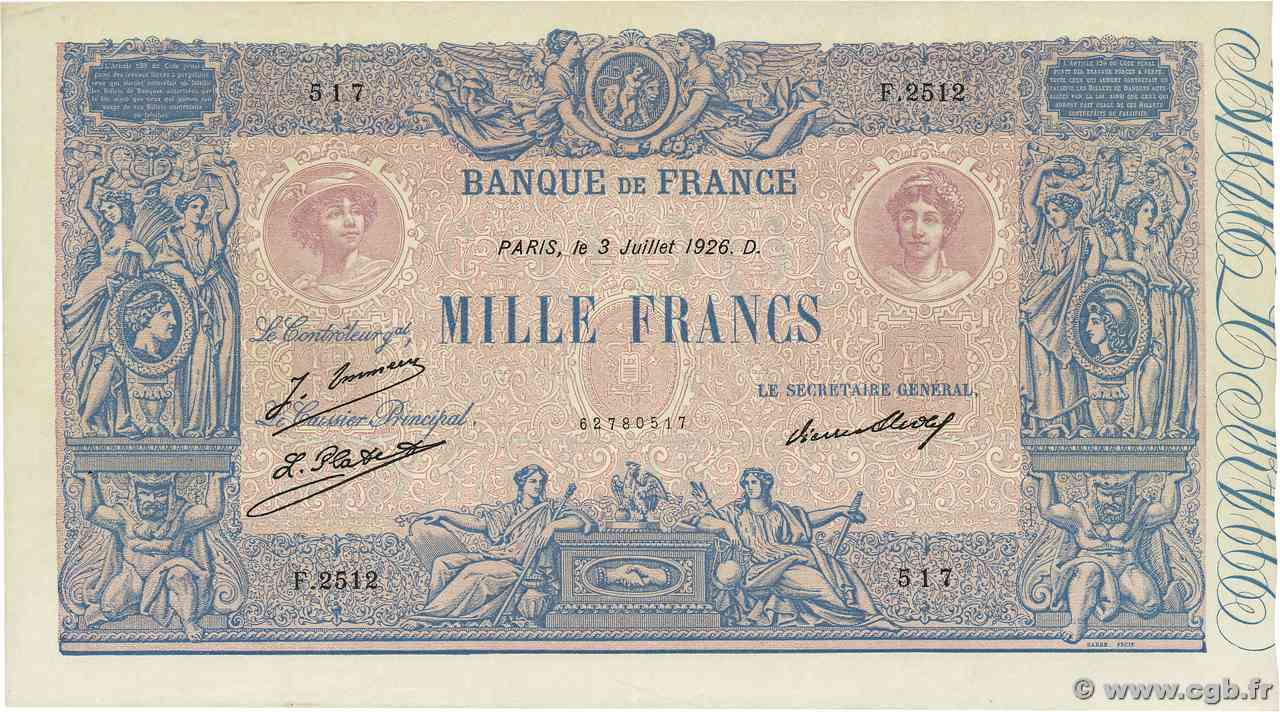 1000 Francs BLEU ET ROSE FRANCE  1926 F.36.43 TTB+