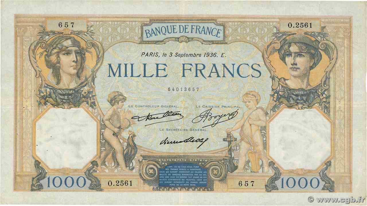 1000 Francs CÉRÈS ET MERCURE FRANCIA  1936 F.37.09 BB