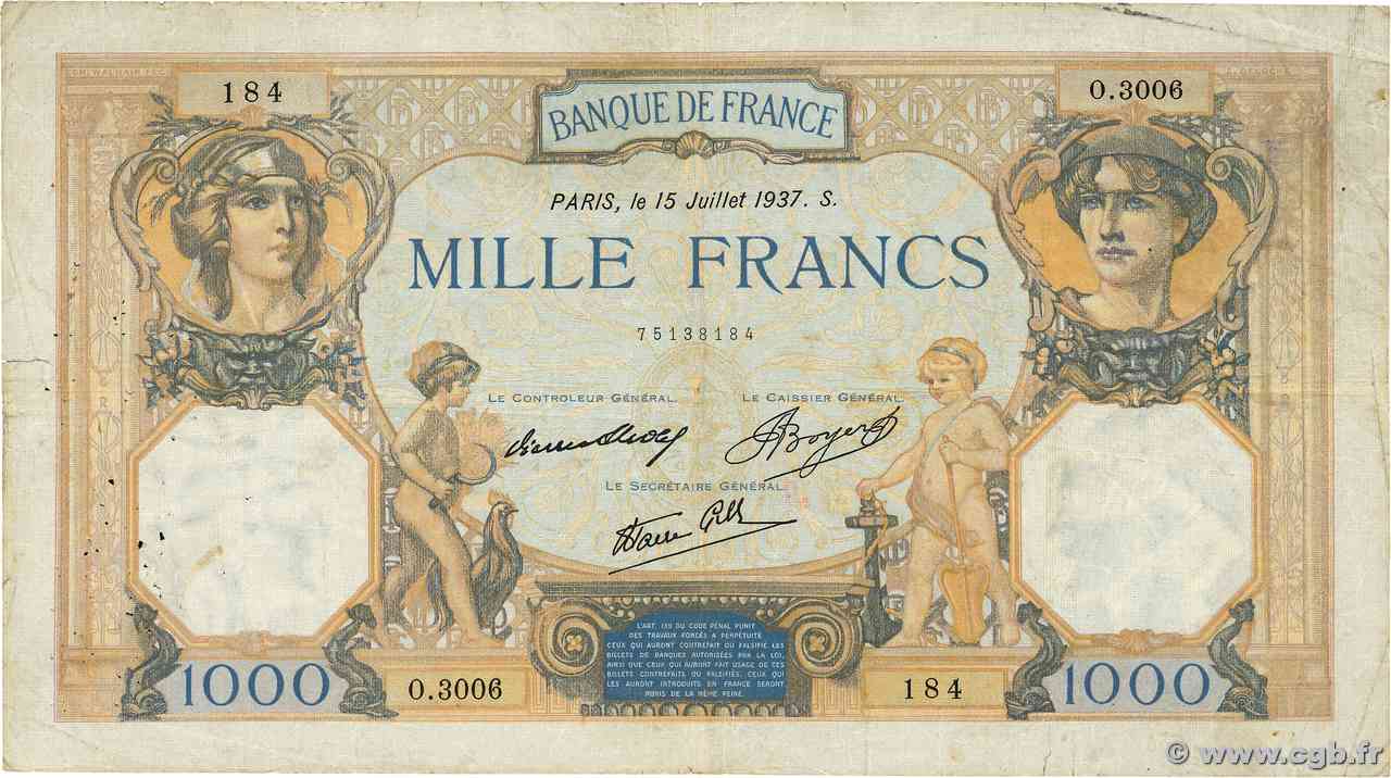 1000 Francs CÉRÈS ET MERCURE type modifié FRANCE  1937 F.38.02 F