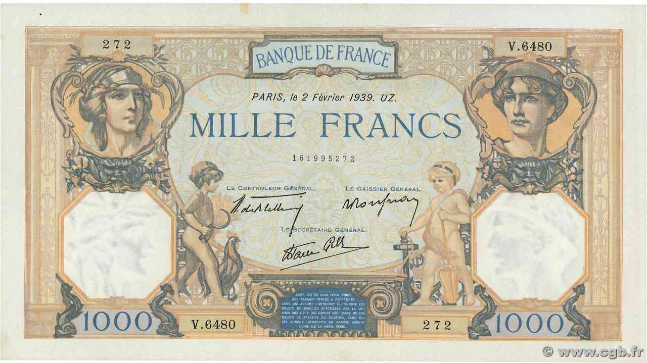 1000 Francs CÉRÈS ET MERCURE type modifié FRANCE  1939 F.38.34 AU+