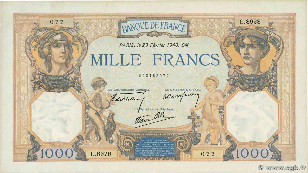 1000 Francs CÉRÈS ET MERCURE type modifié FRANCE  1940 F.38.43 AU+