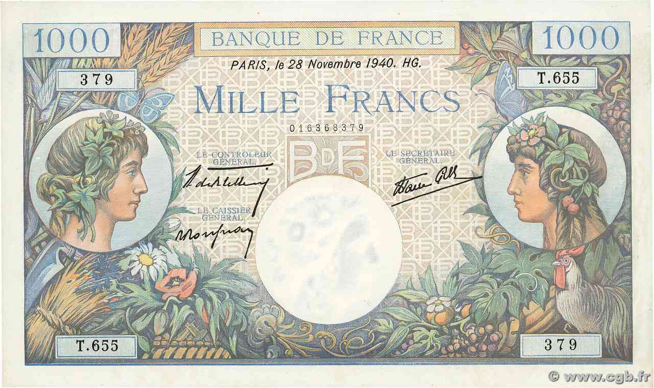 1000 Francs COMMERCE ET INDUSTRIE FRANCIA  1940 F.39.02 q.FDC