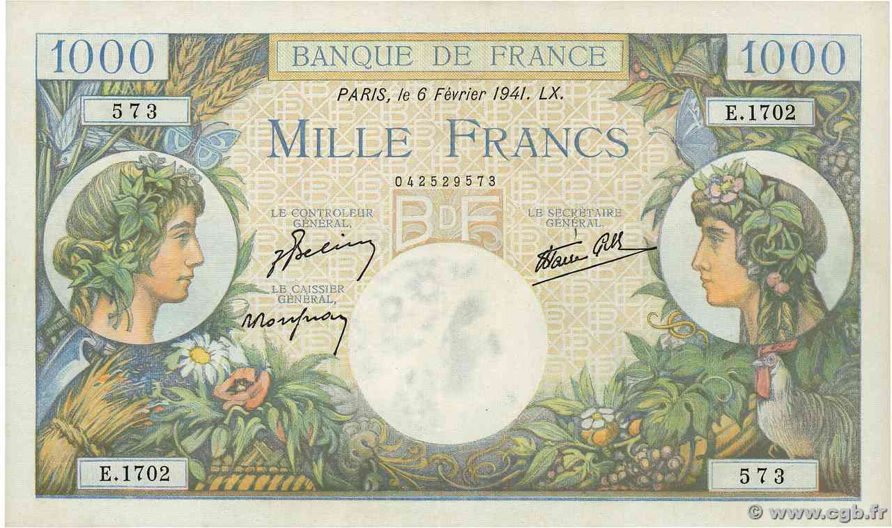 1000 Francs COMMERCE ET INDUSTRIE FRANCIA  1941 F.39.04 AU