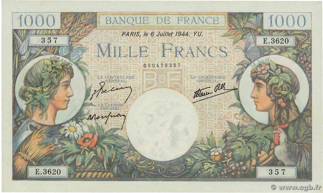 1000 Francs COMMERCE ET INDUSTRIE FRANCIA  1944 F.39.10 q.FDC