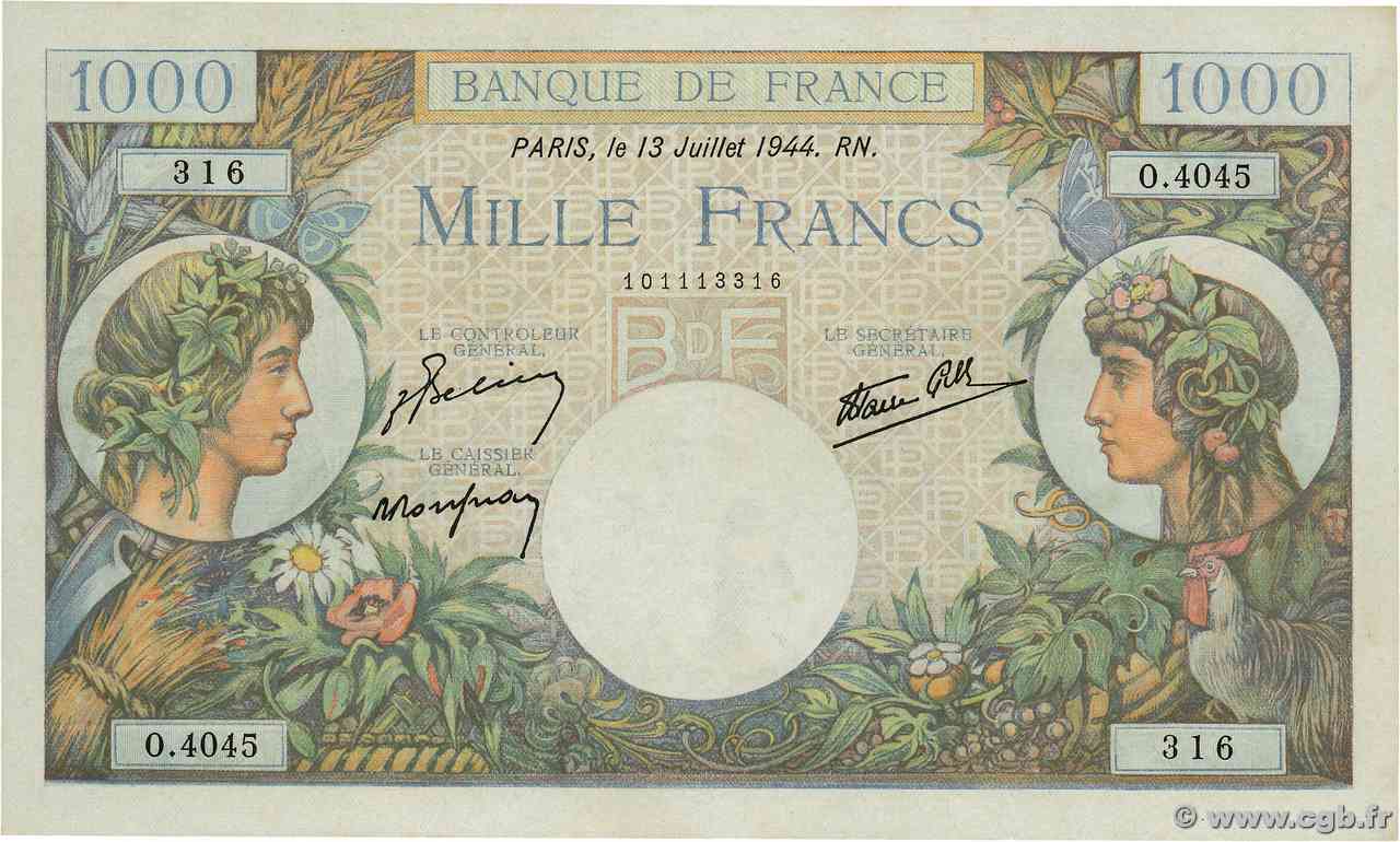1000 Francs COMMERCE ET INDUSTRIE FRANCE  1944 F.39.11 UNC-