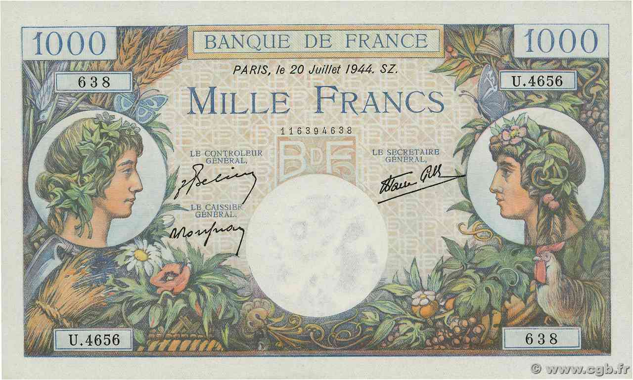 1000 Francs COMMERCE ET INDUSTRIE FRANCIA  1944 F.39.12 q.FDC