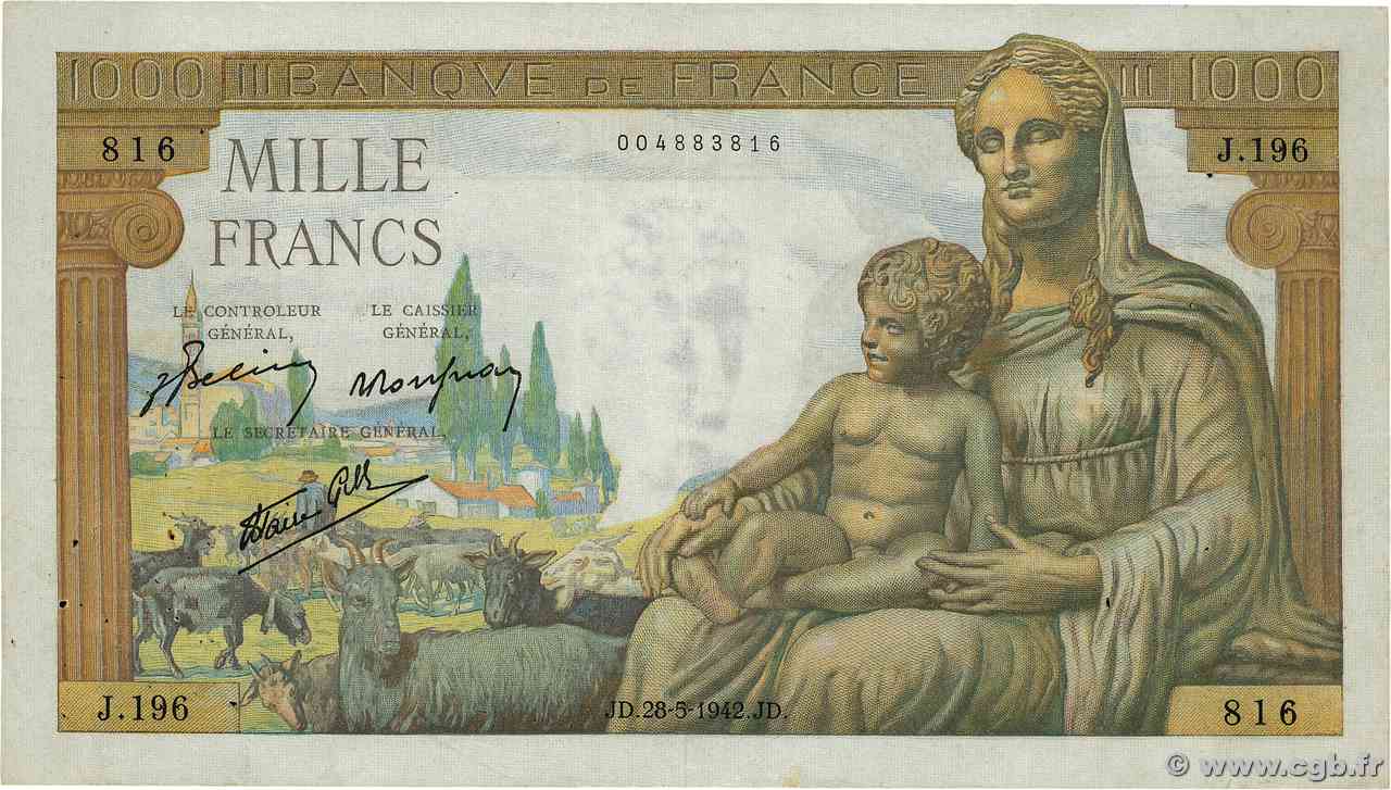 1000 Francs DÉESSE DÉMÉTER FRANCE  1942 F.40.01 pr.TTB