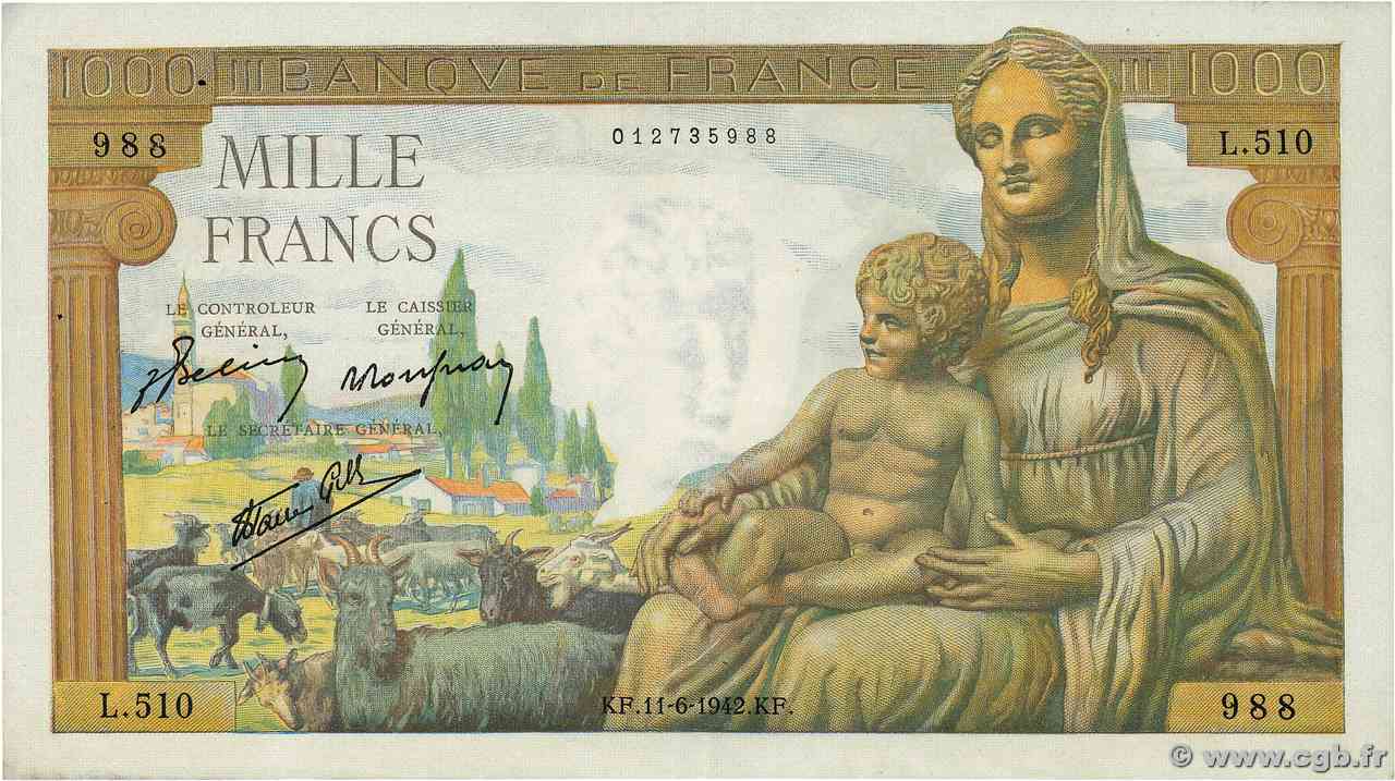 1000 Francs DÉESSE DÉMÉTER FRANCIA  1942 F.40.02 q.SPL