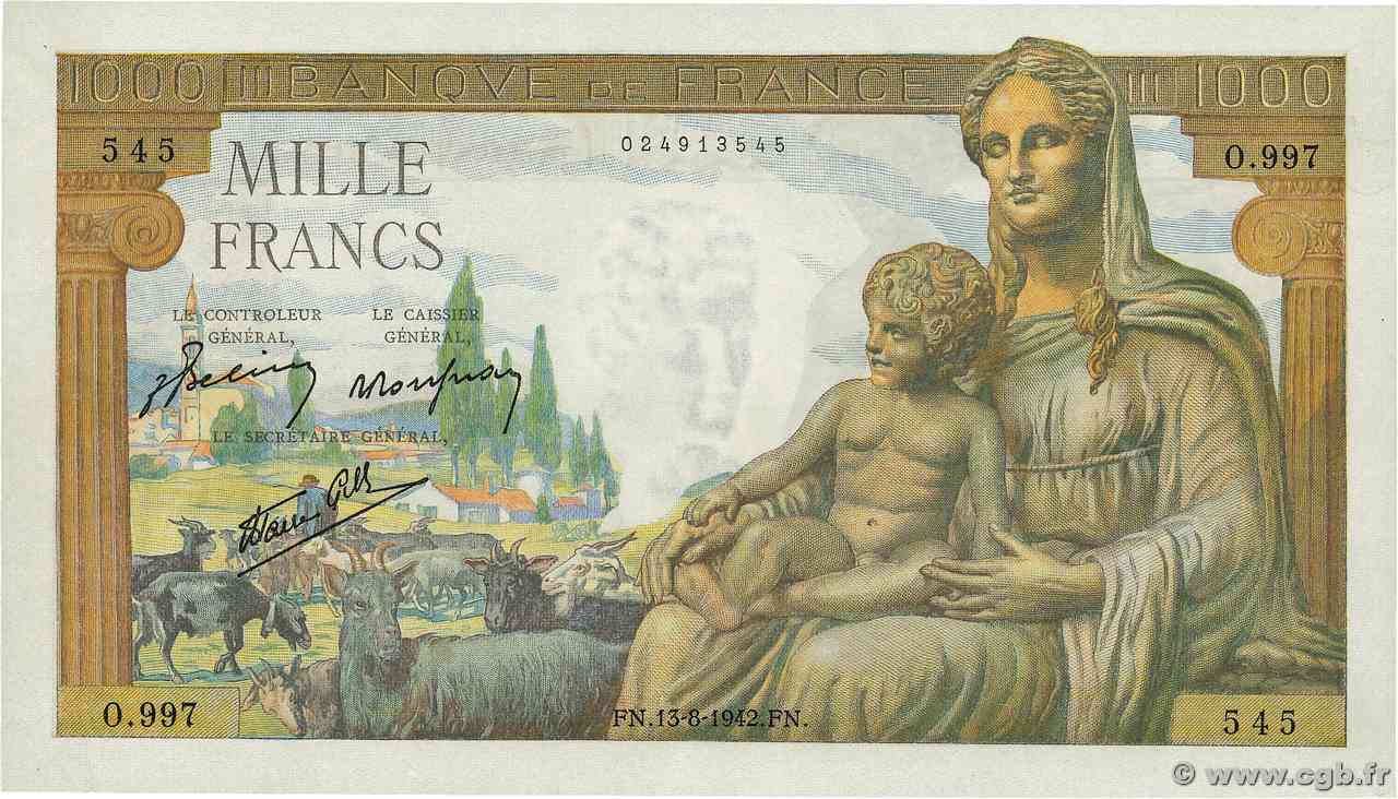 1000 Francs DÉESSE DÉMÉTER FRANCIA  1942 F.40.04 q.FDC