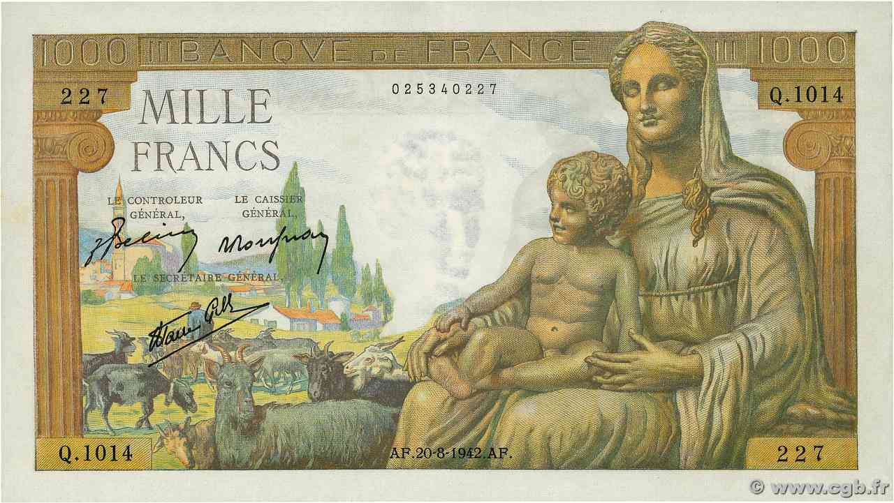 1000 Francs DÉESSE DÉMÉTER FRANCE  1942 F.40.05 XF+