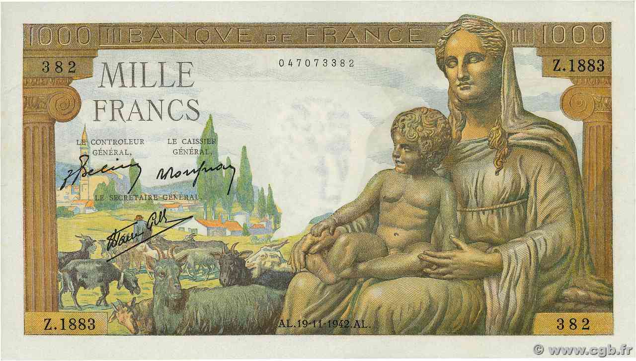 1000 Francs DÉESSE DÉMÉTER FRANCIA  1942 F.40.11 q.FDC