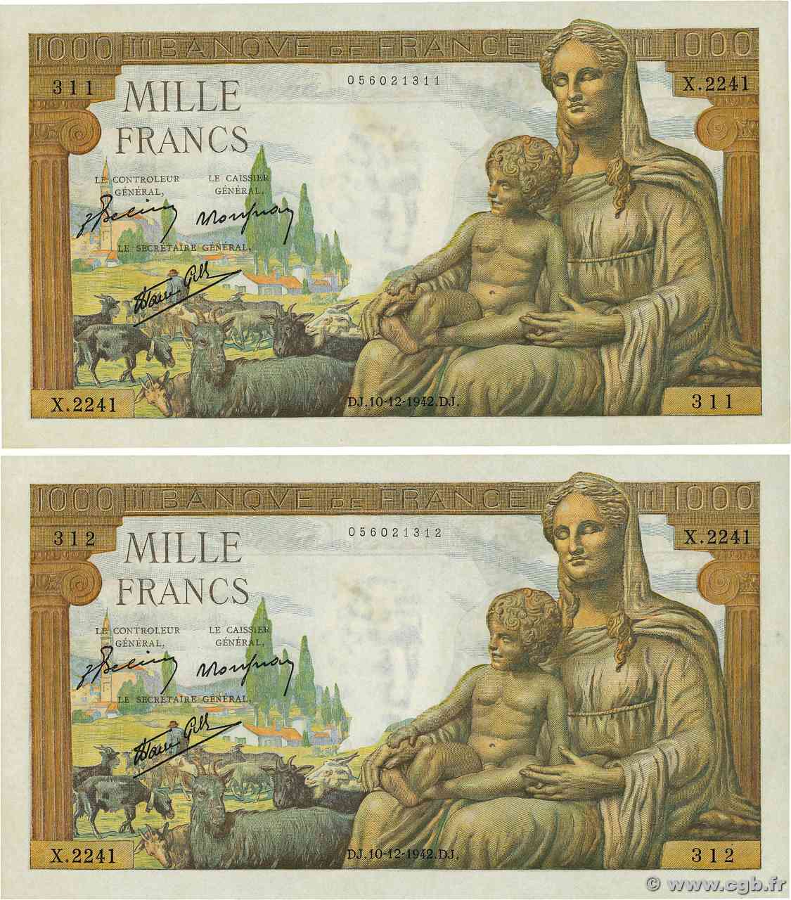 1000 Francs DÉESSE DÉMÉTER Consécutifs FRANCIA  1942 F.40.13 q.FDC
