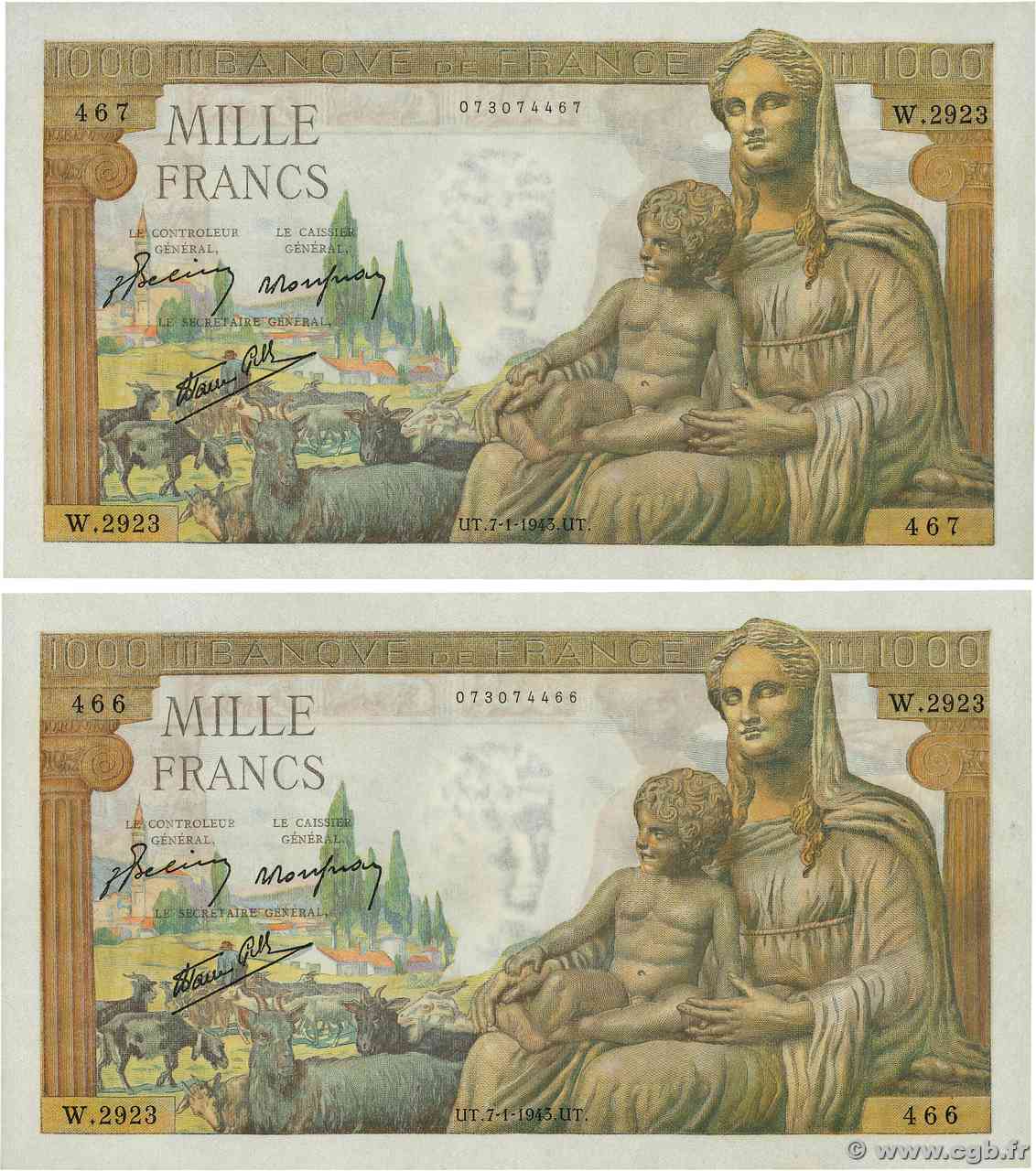 1000 Francs DÉESSE DÉMÉTER Consécutifs FRANCIA  1943 F.40.15 q.FDC