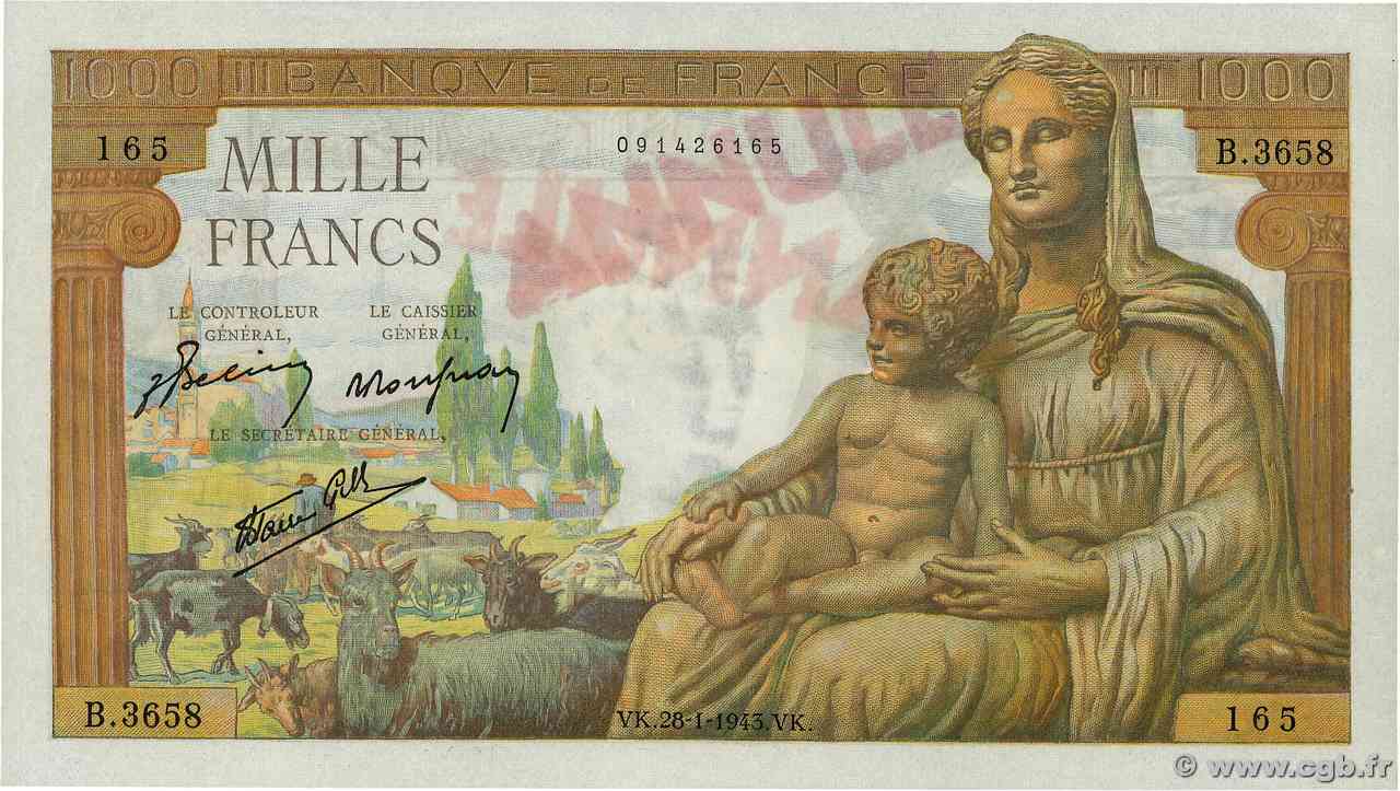 1000 Francs DÉESSE DÉMÉTER Annulé FRANCE  1943 F.40.17 UNC-