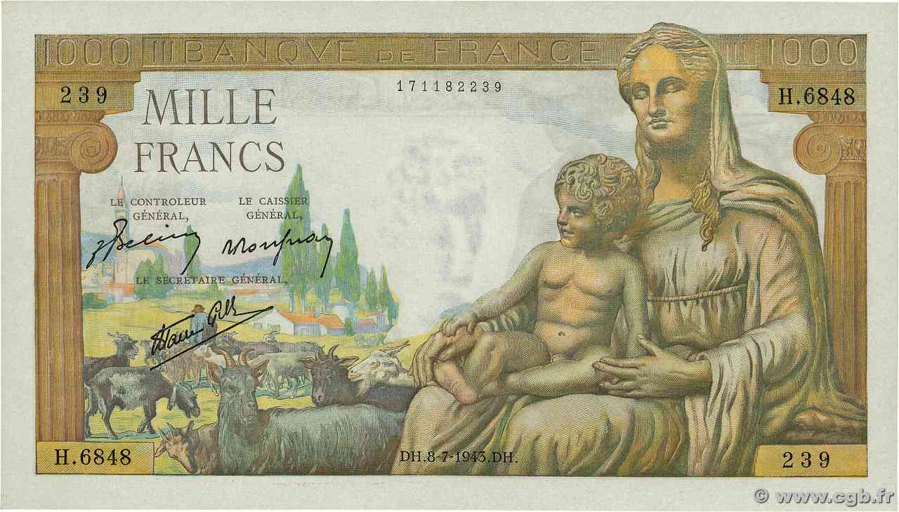 1000 Francs DÉESSE DÉMÉTER FRANCIA  1943 F.40.29 q.FDC