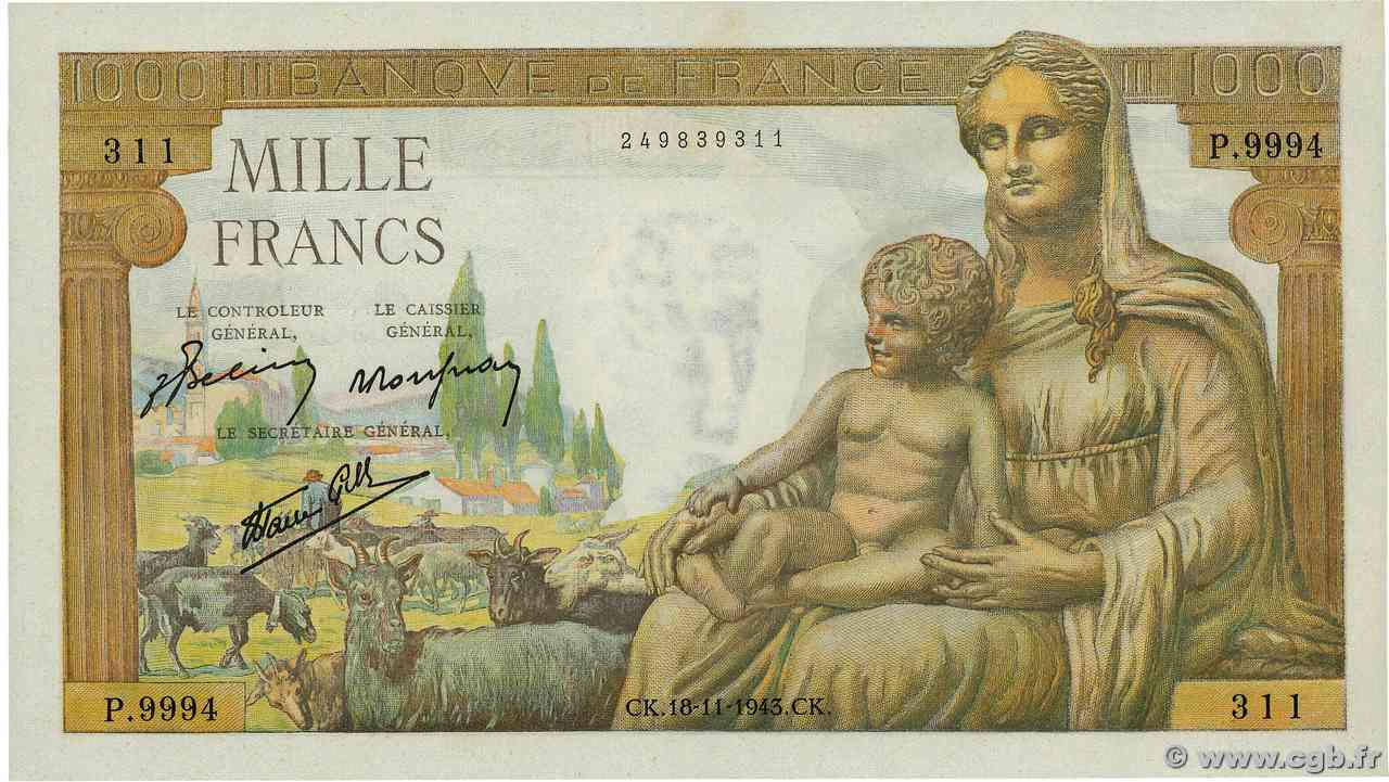 1000 Francs DÉESSE DÉMÉTER FRANCIA  1943 F.40.40 q.FDC
