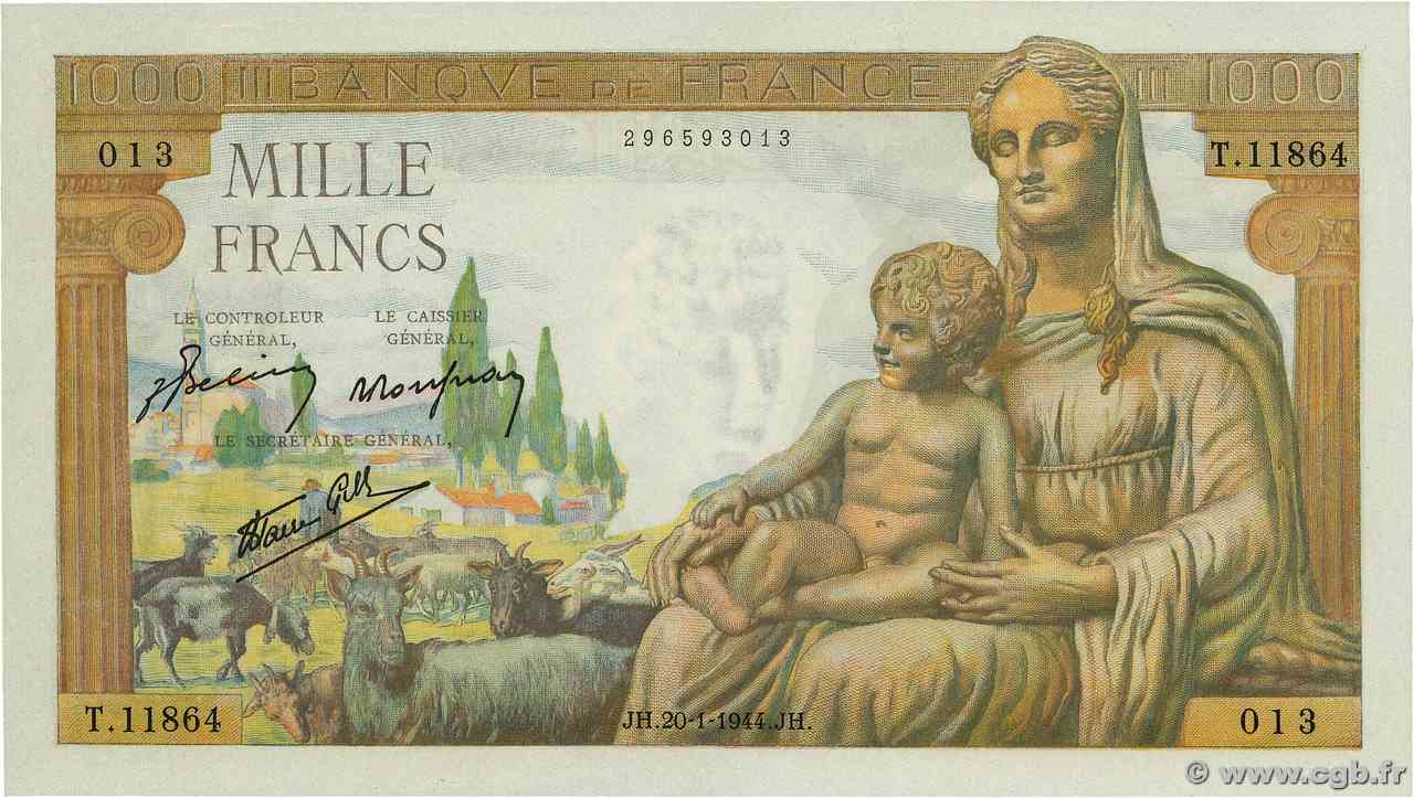 1000 Francs DÉESSE DÉMÉTER FRANCE  1944 F.40.43 pr.NEUF