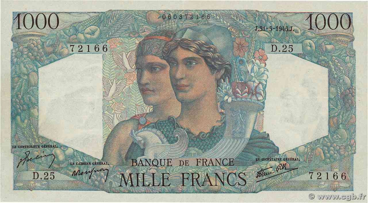 1000 Francs MINERVE ET HERCULE FRANCIA  1945 F.41.03 SPL