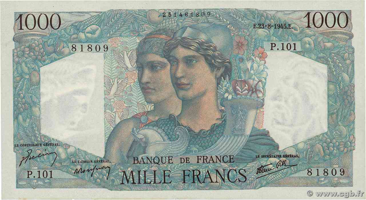 1000 Francs MINERVE ET HERCULE FRANCIA  1945 F.41.07 q.FDC