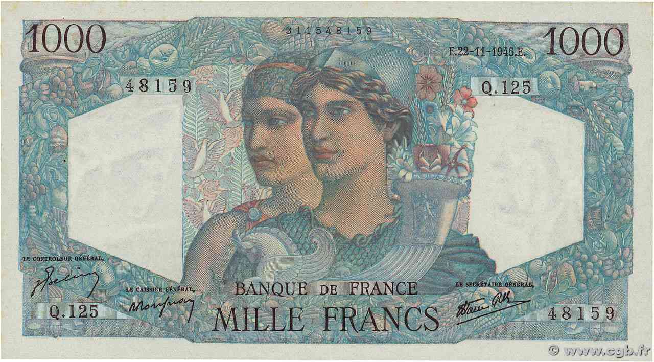 1000 Francs MINERVE ET HERCULE FRANCIA  1945 F.41.08 SPL+