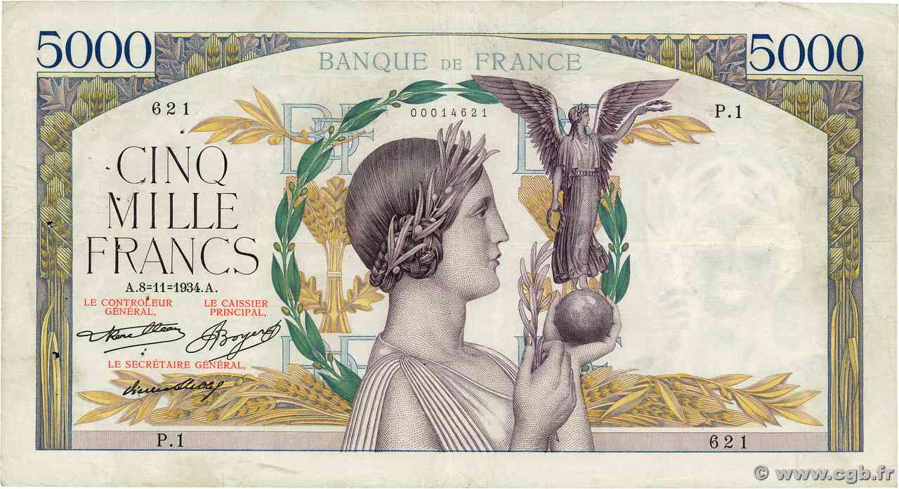 5000 Francs VICTOIRE FRANCIA  1934 F.44.01 q.BB