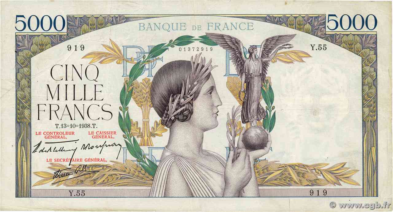 5000 Francs VICTOIRE modifié, taille douce FRANCIA  1938 F.45.01 q.BB